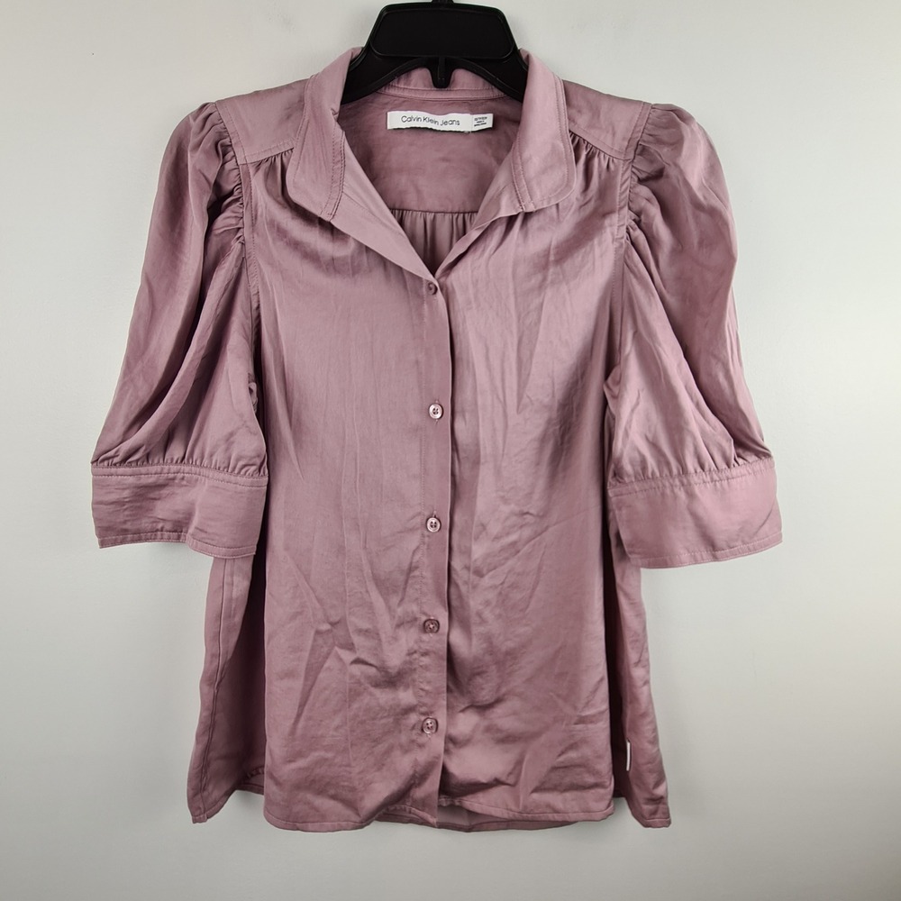 Calvin Klein Jeans Womens Dusty Rose Puff Sleeve‎ Button Down Blouse XS Mauve
